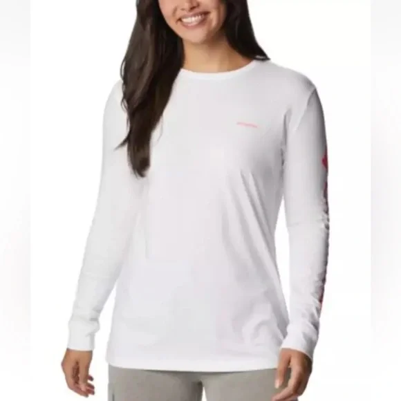 Columbia women's rapid creek long-sleeve top shirt white pink logo M omni shade - Picture 7 of 16